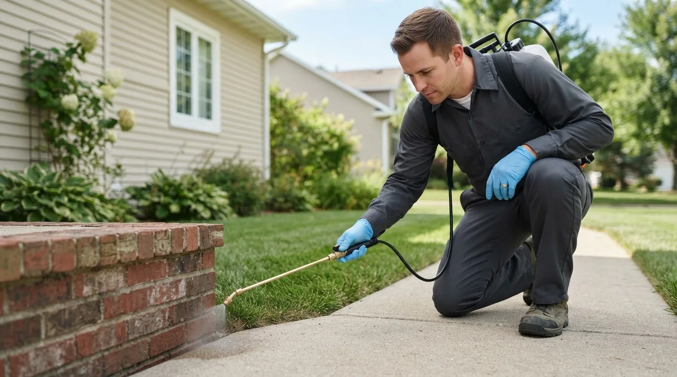 Pest control technician treating a home near East Troy, WI
