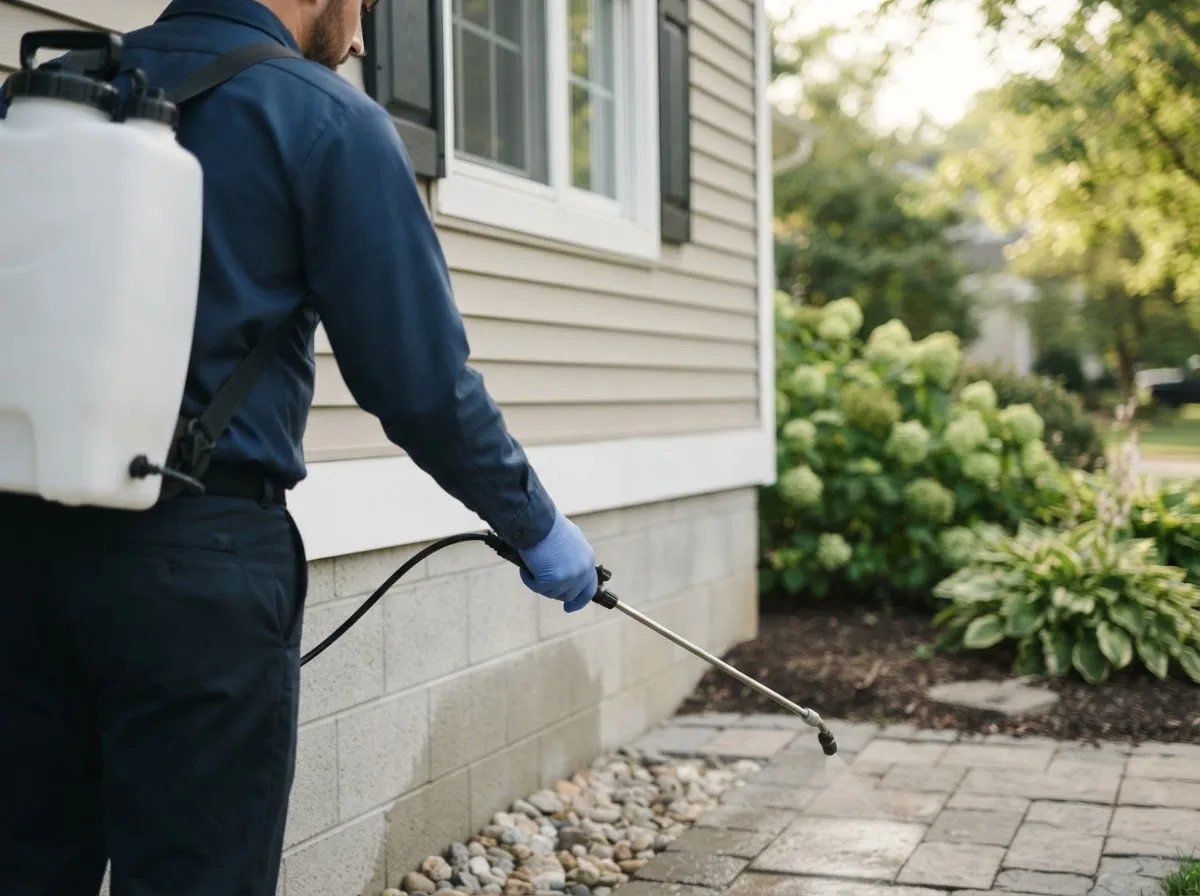 Pest control technician inspecting a home in East Troy, WI